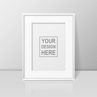 Vektör 3d Gerçekçi A4 Beyaz Ahşap Basit Modern Çerçeve Parlak Beyaz Rafta veya Beyaz Duvara Karşı Yansımalı Masa. Sunumlar için kullanılabilir. Mockup için Tasarım Şablonu, Ön Görünüm