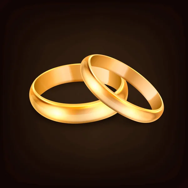 Vector 3D Realistic Gold Metal Anéis de casamento para o casal Closeup Isolado no fundo preto. Modelo de design de anéis dourados brilhantes. Clipart, Mockup. Lado, Vista frontal — Vetor de Stock