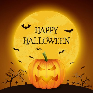 Pumkin ile Cadılar Bayramı Bayrağınız kutlu olsun. Karanlık Gece Mezarlığında Komik Yüzlü Cadılar Bayramı Balkabağı Feneri. Ön Manzara. Tasarım Şablonu. Sonbahar Tatili, Cadılar Bayramı Konsepti