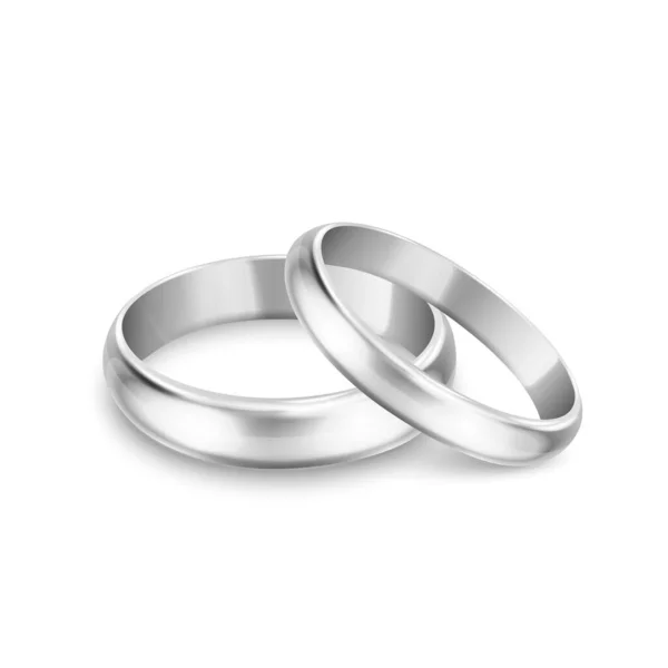 Vector 3d Realistic Silver Metal Wedding Rings for Couple Closeup Isolated on White Background. 샤이니 골든 반지의 디자인 템플릿. 클 리 부분, 모 토우. 측면, 전면 견해 — 스톡 벡터