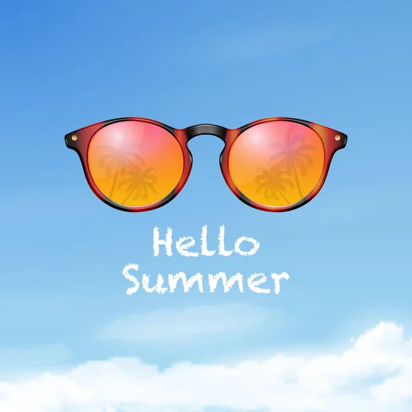 Hallo Summer. Vector 3d Realistische Plastic Ronde Luipaard Rimmed Eye zonnebril met reflectie van palmbomen. Close-up op Blue Sky achtergrond. Vrouwen, mannen, Unisex accessoire. Ontwerp sjabloon. Vooraanzicht — Stockvector