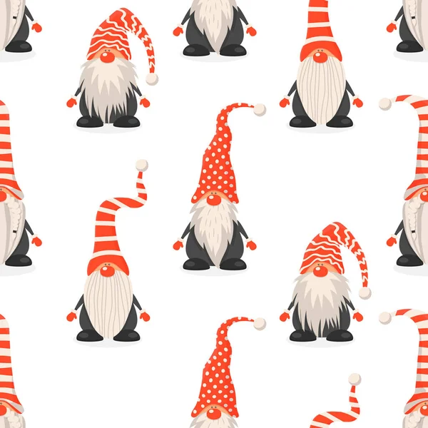 Vector Seamless Pattern con scandinavo Natale Carino Gnomi con berretti rossi in stile piatto. Nani. Modello di design per Buon Natale e Felice Anno Nuovo Card, Pacchetto. Personaggi dei bambini dei cartoni animati — Vettoriale Stock