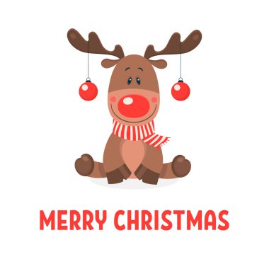 Mutlu Noeller kartpostalı. Beyaz Boynuzlu Noel Topları 'na sahip Noel Geyiği Vektörü. Düz stil. Mutlu Noeller ve yeni yıl kartı için tasarım şablonu. Çizgi film Çocuk Karakteri