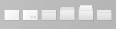 Vektör 3d Gerçekçi Beyaz Kağıt Zarfı Harf Sayfası ve Pencere İzole Edildi. C5, C6, A6, C6, A5, C5 boyutlarında. Mockup için tasarım şablonu. Açıldı ve kapandı. Üst ya da Ön Görünüm
