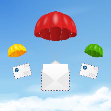 Mavi Gökyüzü Arkaplanında Kağıt Zarflı Gerçekçi Uçan Paraşütler. Teslimat ve Post Concept. E-Ticaret için Tasarım Şablonu, Web Afişi
