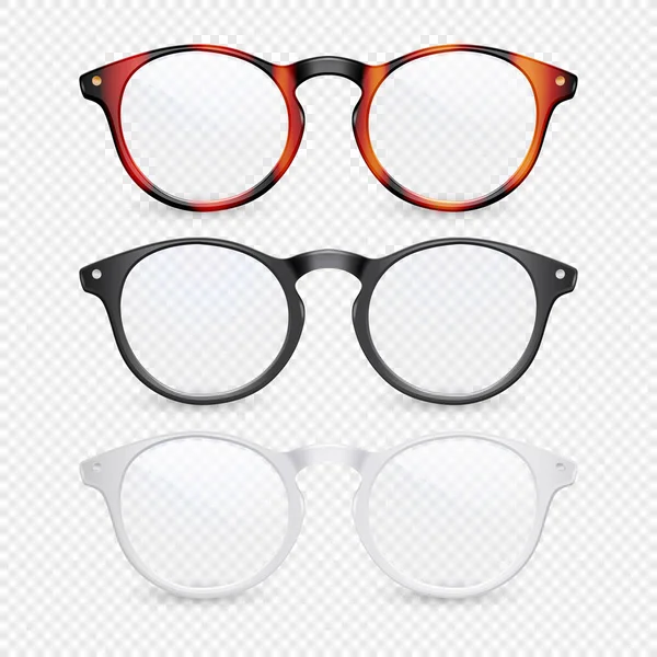 Vector 3d Realistic Plastic Brown Leopard, Black, White Rimmed Eye Glasses Closeup Isolated on Transparent Background. Women, Men, Unisex Accessory. Optics, Health Concept. Design Template, Mockup — Stock Vector