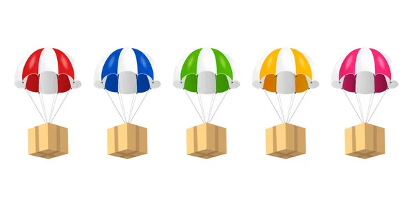 Parachute réaliste vectoriel 3d avec boîtes en carton en papier Icône isolée sur fond blanc. Modèle de conception pour les services de livraison, la poste, le commerce électronique, le concept sportif, la bannière Web, la maquette. Vue de face — Image vectorielle