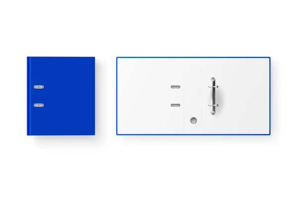 Vector 3d cerrado y abierto azul realista en blanco y vacío conjunto de aglutinante de oficina con anillos de metal para A4 hoja de papel primer plano aislado sobre fondo blanco. Plantilla de diseño, Mockup, Vista superior — Vector de stock