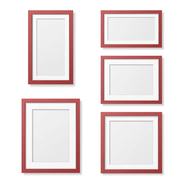 Vector 3D Reaistic Drewniane lub plastikowe proste nowoczesne Minimalistyczne Red Picture Frame Set Izolowany na białym tle. Wzór szablonu do modelowania, prezentacji, projektów artystycznych i zdjęć — Wektor stockowy