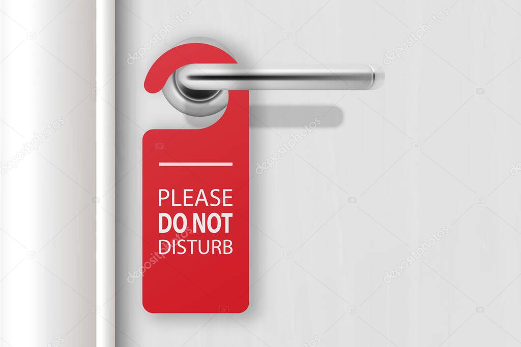 Vector 3d Realistic Red Paper Door Hanger DO NOT DISTURB on White Wooden Door with Metal Silver Handle Background. Door Hanger Mockup. Design Template for Graphics. Full Length Door is in a Clipping