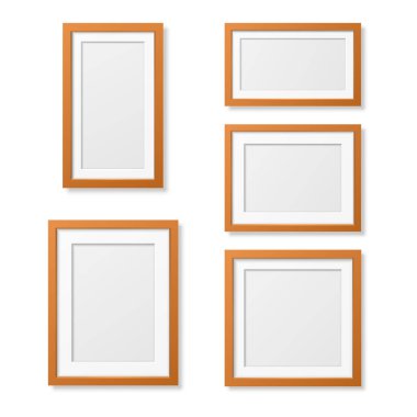 Beyaz Arkaplanda izole edilmiş vektör 3D Gerçekçi Ahşap veya Plastik Basit Modern Minimalist Portakal Resim Çerçeve Seti. Model, Sunum, Sanat Projeleri ve Fotoğraflar için Tasarım Şablonu
