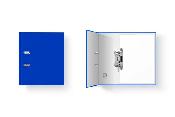 Vector 3d cerrado y abierto azul realista en blanco y vacío conjunto de aglutinante de oficina con anillos de metal y A4 hoja de papel primer plano aislado sobre fondo blanco. Plantilla de diseño, Mockup, Vista superior — Vector de stock