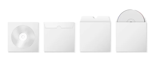Vector 3d Realistic Blank White CD, DVD i Paper Zamknięta i otwarta koperta z oknem, zestaw okładki izolowany na białym tle. Z przodu i z tyłu, widok z góry. Wzór szablonu opakowań do modelowania — Wektor stockowy