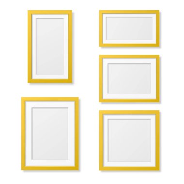 Vektör 3D Gerçekçi Tahta veya Plastik Basit Modern Minimalist Sarı Resim Çerçevesi Beyaz Arkaplanda İzole Edildi. Model, Sunum, Sanat Projeleri ve Fotoğraflar için Tasarım Şablonu