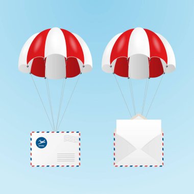 Mavi Arkaplanda Kapalı ve Açılmış Kağıt Zarflı 3d Gerçekçi Uçan Kırmızı ve Beyaz Paraşüt. Teslimat ve Post Concept. E-Ticaret için Tasarım Şablonu, Web Afişi