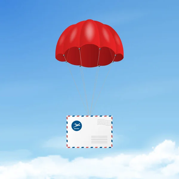 Parachute rouge volant réaliste vectoriel 3d avec enveloppe en papier sur fond bleu ciel. Livraison et Post Concept. Modèle de conception pour le commerce électronique, bannière Web — Image vectorielle