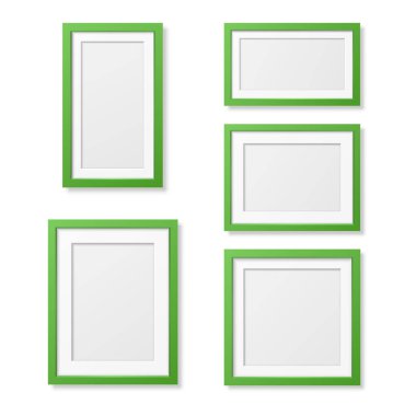 Vektör 3D Gerçekçi Tahta veya Plastik Basit Modern Minimalist Yeşil Resim Çerçevesi Beyaz Arkaplanda İzole Edildi. Model, Sunum, Sanat Projeleri ve Fotoğraflar için Tasarım Şablonu