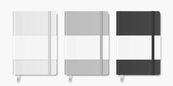 Vector 3d Realistic White, Gray, Black Closed Blank Paper Notebook with Bookmark Set Elszigetelt fehér háttér. Design Template of Copybook rugalmas zenekarral a Mockup, Logo Print számára. Felülnézet — Stock Vector