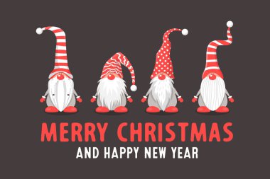 Mutlu Noeller kartpostalı. Dört Vektör Noel Şirin Cüceleri Kırmızı Başlıklı Düz Tarzlı Karanlık Arkaplanda. Cücelerin Mutlu Noeller Şablonu ve Mutlu Yıllar Kartı. Çizgi film Çocuk Karakterleri