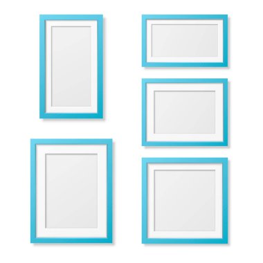 Vektör 3D Gerçekçi Tahta ya da Plastik Basit Modern Minimalist Mavi Resim Çerçevesi Beyaz Arkaplanda İzole Edildi. Model, Sunum, Sanat Projeleri ve Fotoğraflar için Tasarım Şablonu