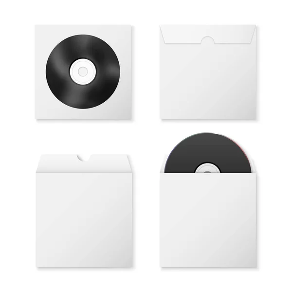 Vecteur 3D réaliste noir blanc CD, DVD et papier Enveloppe fermée et ouverte avec fenêtre, ensemble de couverture isolé sur fond blanc. Avant et arrière, vue du dessus. Modèle de conception d'emballage pour Mockup — Image vectorielle