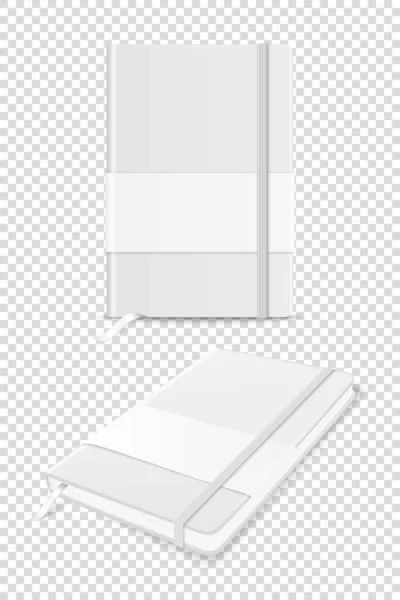 Vector 3D Realistisches weißes geschlossenes Blankopapier-Notizbuch mit Etikett und Lesezeichen-Set isoliert. Design-Vorlage für Copybook mit elastischem Band für Mockup, Werbung, Logo-Print. Vorne, von oben — Stockvektor
