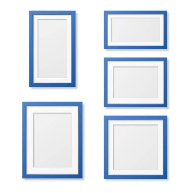 Vektör 3D Gerçekçi Tahta ya da Plastik Basit Modern Minimalist Mavi Resim Çerçevesi Beyaz Arkaplanda İzole Edildi. Model, Sunum, Sanat Projeleri ve Fotoğraflar için Tasarım Şablonu