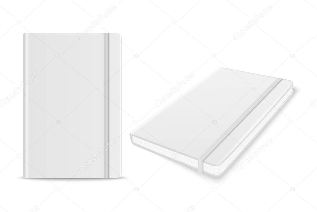 Vector 3d Realistic White Closed Blank Paper Notebook with Bookmark Set Isolated on White Background. Design Template of Copybook with Elastic Band for Mockup, Advertise, Logo Print. Front, Top View.