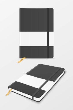 Vektör 3d Siyah Kapalı Boş Kağıt Not Defteri Etiket ve Yer İmi Ayarları Beyazda İzole Edildi. Mockup, Advertise, Logo Print için Elastic Band ile Copybook 'un Tasarım Şablonu. Ön, Üst Görünüm