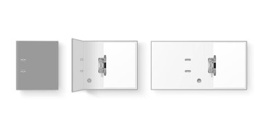 Vektör 3d Kapalı ve Açılmış Gerçekçi Gri Boşluk, Boş Ofis Bağlayıcı Seti Metal Halkalar ve A4 Kağıt Kapalı Kapalı Dosya Beyaz Arkaplanda izole edildi. Tasarım Şablonu, Mockup, Üst Görünüm
