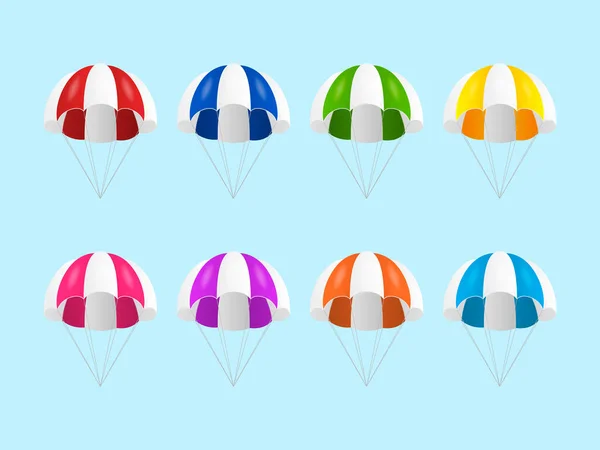 Conjunto de iconos de paracaídas de rayas coloreadas realistas vectoriales 3d aislados. Plantilla de diseño para servicios de entrega, correos, comercio electrónico, concepto deportivo, banner web, maqueta. Vista frontal — Vector de stock