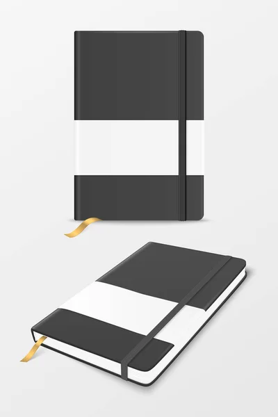 Vector 3D Realistic Black Closed Blank Paper Notizbuch mit Etikett und Lesezeichen-Set isoliert auf Weiß. Design-Vorlage für Copybook mit elastischem Band für Mockup, Werbung, Logo-Print. Vorne, von oben — Stockvektor