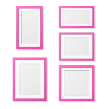Vektör 3D Gerçekçi Tahta ya da Plastik Basit Modern Minimalist Pembe Resim Çerçevesi Beyaz Arkaplanda İzole Edildi. Model, Sunum, Sanat Projeleri ve Fotoğraflar için Tasarım Şablonu