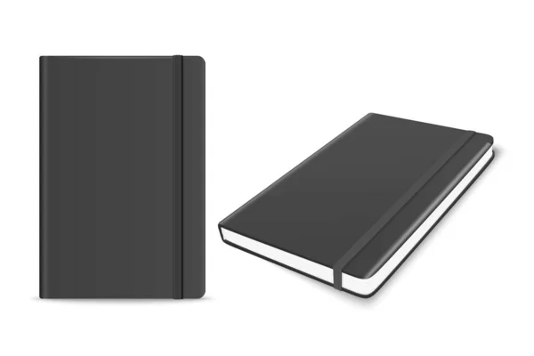 Vector 3d Realistic Black Zamknięty Blank Paper Notebook z zakładką Zestaw Izolowany na białym tle. Wzór szablonu Copybook z elastycznym pasmem dla makiet, reklam, druku logo. Przód, widok z góry — Wektor stockowy