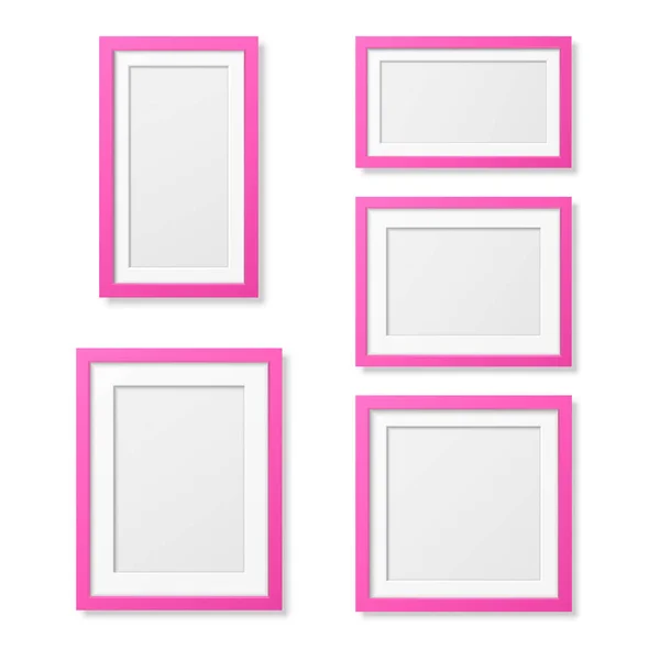 Vector 3D Reaistic Wooden or Plastic Simple Modern Minimalistic Pink Picture Frame Set Isolated on White Background. Design Template for Mockup, Presentations, Art Projects and Photos — Stock Vector