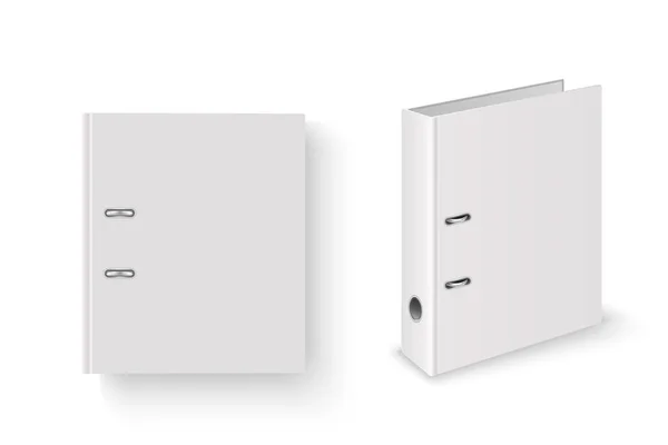 Vector 3D geschlossener realistischer weißer Blanko-Bürobinder mit Metallringen für DIN-A4-Papierbögen, isoliert auf weißem Hintergrund. 4cm, 5cm. Design-Vorlage, Mockup, Vorderseite, Seite, Rückseite — Stockvektor