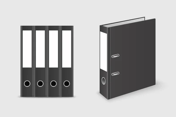 Vektor 3d Stängd Realistisk svart Blank Office Binder med metallringar för A4 pappersark set Närbild Isolerad på vit bakgrund. 4cm, 5cm. Designmall, Mockup, Front, Side, Back View — Stock vektor