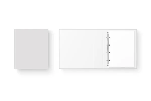 Vecteur 3d fermé et ouvert réaliste blanc blanc blanc, ensemble de reliure de bureau vide avec anneaux en métal et feuille de papier A4 Fermer isolé sur fond blanc. Modèle de conception, Maquette, Vue sur le dessus — Image vectorielle
