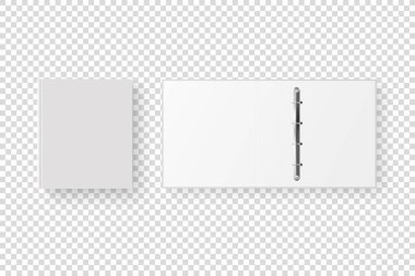 Vektör 3d Kapalı ve Açılmış Gerçekçi Beyaz Boşluk, Boş Ofis Bağlayıcı A4 Kağıt Sayfa Kapanışı için Metal Halkalar Seti Şeffaf Arkaplanda izole edildi. Tasarım Şablonu, Mockup, Üst Görünüm