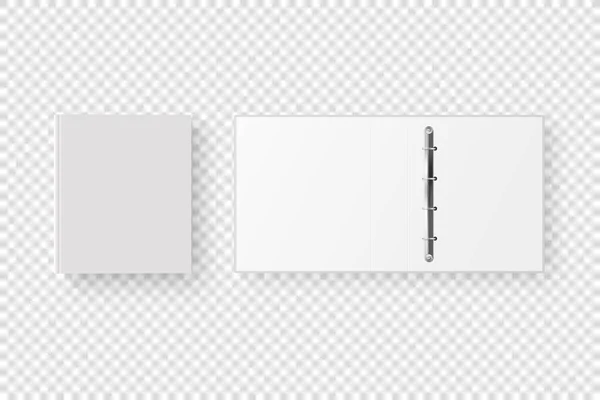 矢量3d关闭和开放的现实白色空白，空的办公装订带金属环的A4纸片封口在透明背景下隔离。设计模板、模型、顶视图 — 图库矢量图片