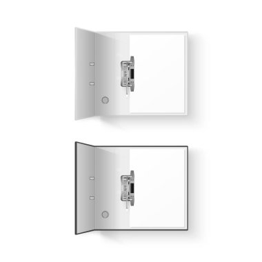 Vektör 3d, Metal Halkalar ve A4 Kağıt Kapalı Kapaklı Beyaz Arkaplanda İzole Edilmiş Gerçekçi Beyaz ve Siyah Ofis Dosyası Seti 'ni açtı. Tasarım Şablonu, Mockup, Üst Görünüm
