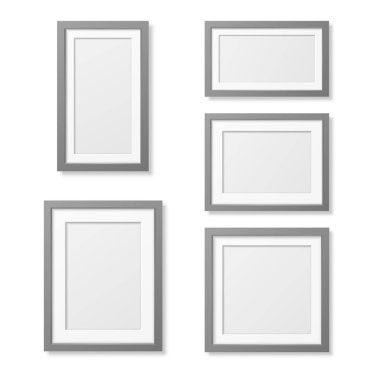 Beyaz Arkaplanda izole edilmiş vektör 3D Gerçekçi Ahşap veya Plastik Basit Modern Minimalist Gri Resim Çerçevesi. Model, Sunum, Sanat Projeleri ve Fotoğraflar için Tasarım Şablonu