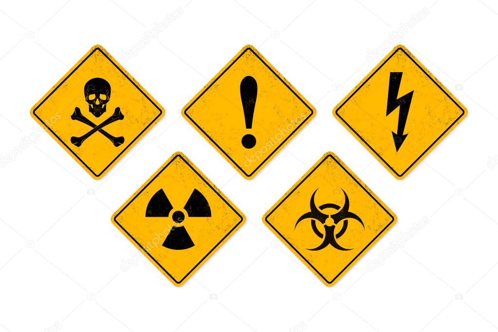 Vector Textured Grunge Yellow Simple Signs Isolated on White Background. Biohazard, Danger, Caution, Electricity, Radiation, Skull Symbol Icon Set. Warning Labels. Design Template. Front View