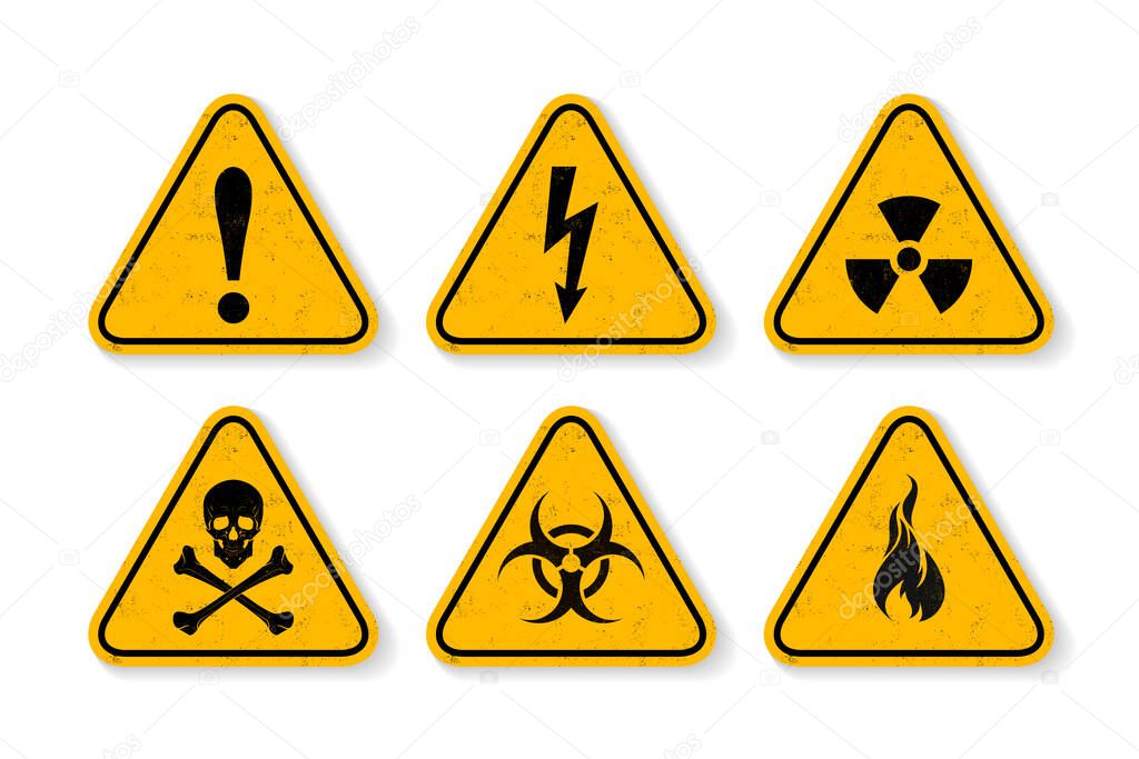 Vector Textured Grunge Yellow Simple Signs Isolated on White Background. Biohazard, Danger, Caution, Electricity, Radiation, Skull Symbol Icon Set. Warning Labels. Design Template. Front View