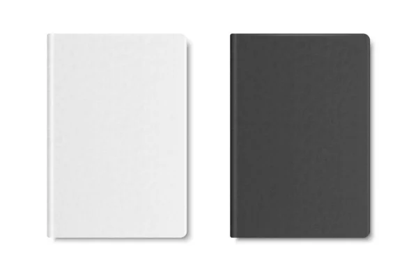 Vecteur 3d réaliste texturé blanc et noir fermé bloc-notes en papier blanc isolé sur fond blanc. modèle de conception de copybook pour la maquette, impression de logo. vue de dessus — Image vectorielle