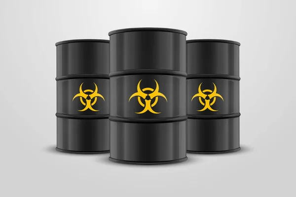 Three Vector 3d Realistic Black Simple Glossy Enamel Metal Oil, Fuel, Gasoline Barrels with Yellow Biohazard Sign Isolated on White Background. Design Template of Packaging for Mockup. Front View — Vettoriale Stock