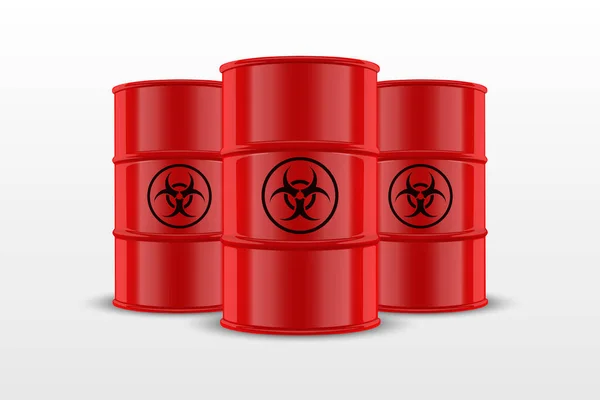 Three Vector 3d Realistic Red Simple Glossy Enamel Metal Oil, Fuel, Gasoline Barrels with Black Biohazard Sign Isolated on White Background. Design Template of Packaging for Mockup. Front View — Vettoriale Stock