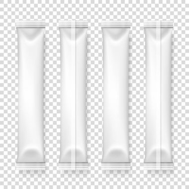 Vektör 3d Gerçekçi Beyaz Plastik veya Kağıt Uzun Sıska Paket Seti izole edildi. Uyuşturucu, Kahve, Tuz, Şeker, Biber, Baharat, Sachet, Şeker Paketi. Mockup için Paketleme Şablonu Tasarımı. Üst Görünüm