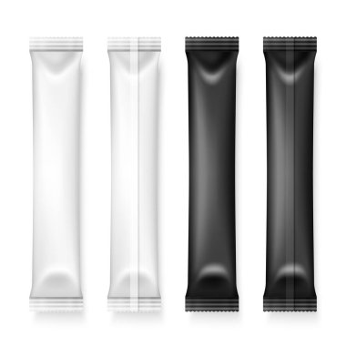 Vektör 3d Gerçekçi Beyaz ve Siyah Uzun Sıska Paket Seti izole edildi. Uyuşturucu, Kahve, Tuz, Şeker, Biber, Baharat, Sachet, Şeker Paketi. Mockup için Paketleme Şablonu Tasarımı. Üst Görünüm