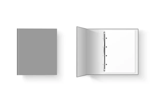 Vector 3d cerrado y abierto gris realista en blanco, conjunto de carpeta de oficina vacía con anillos de metal para A4 hoja de papel de primer plano aislado sobre fondo blanco. Plantilla de diseño, Mockup, Vista superior — Archivo Imágenes Vectoriales